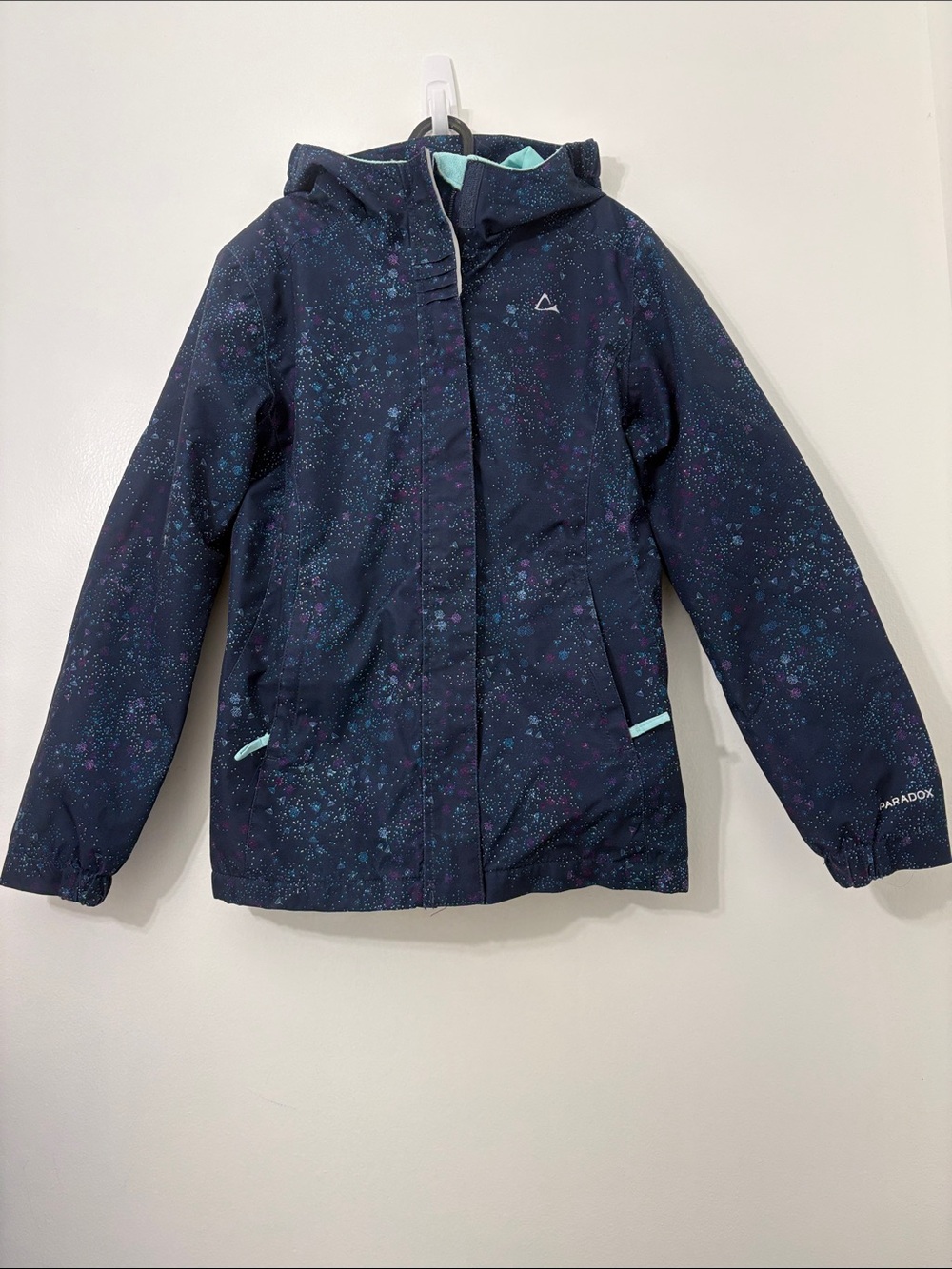 Paradox Girls Jacket Fleece Lined Pockets Hood Navy w/ Tiny Detail Print Large